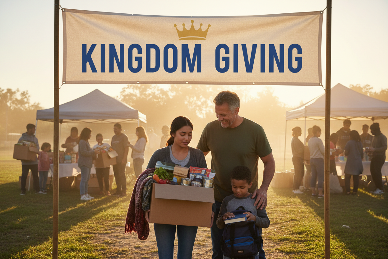 can you make an image of someone benefitting from a donation with a banner in the back that say kingdom giving