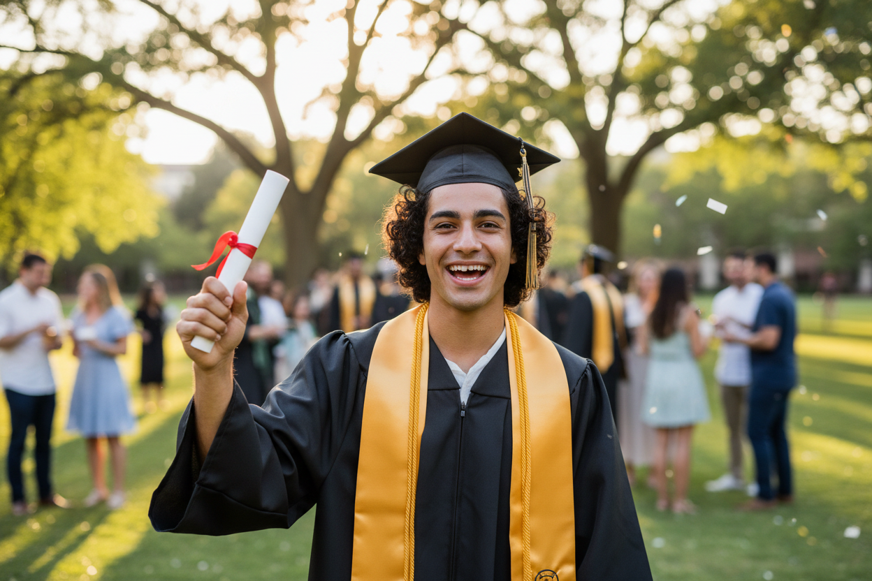 dirty student with gap tooth graduating